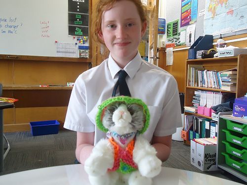 Samantha Maw's challenge was to invent her own knitting pattern for a toy - top, collar and hat!