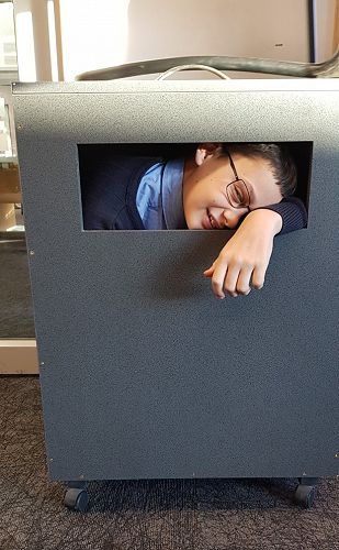 Nico - locked in a box to make him late for class!