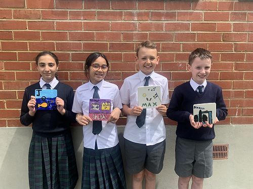 Jela Talahma, Shiah Taele, Max Smith, Bennett Potter with their finished tiles.