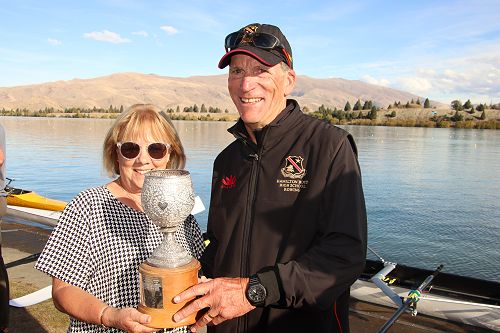 Mrs Hassall and Mr Ross with the Star Trophy for best overall rowing school