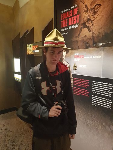Andrew Stopforth models the NZ army ‘Lemon Squeezer’ hat at the Gallipoli exhibition in Te Papa.