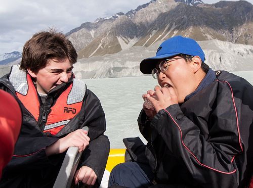 Alex Leckie-Zaharic looks on as Jin Kim munches into an Ice-Burger. Nothing but gourmet food on Year 10 camp.