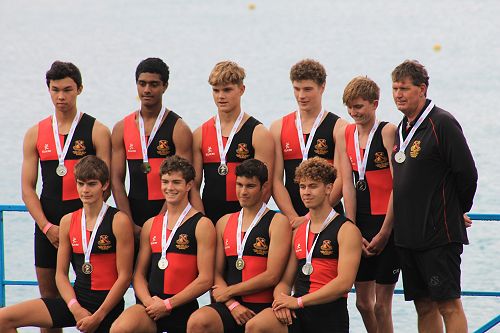 The silver medal winners of the Under 17 eight. Dylan Worthington, Tyrone Urbancic, Will Milne, Josh Syme, Dylan McConnell, Johno O'Brien, Jameel Khan, Matt Le Gallais, Cameron Natta (cox) Bruce Holden (coach)
