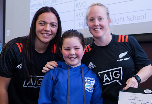Maia having fun with Black Ferns Stacey Waaka and Kendra Cocksedge.