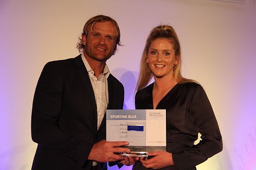 Scott Robertson presents Alana Bremner with her Lincoln University Blue for Rugby