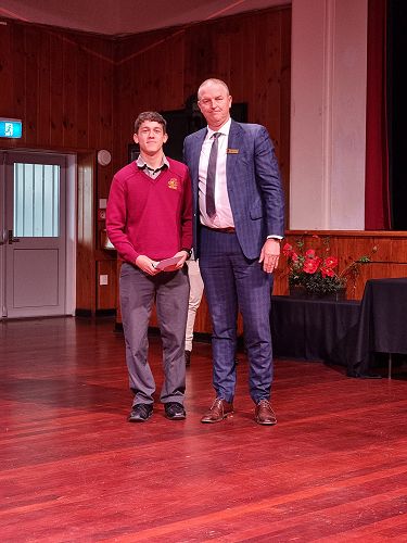 Tama Manaaki Certificate winner Kaelan Haggie with Mr Power