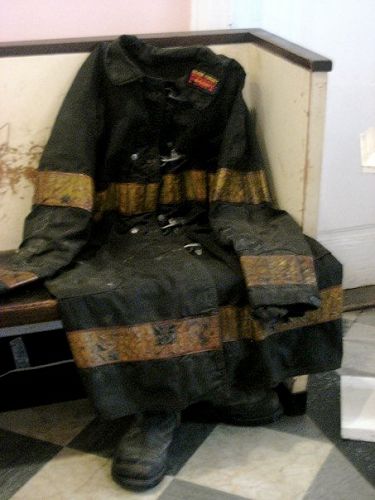 A fire fighter's gear from 9/11 - still with the dust from the fallen towers on it. A frozen moment in time.