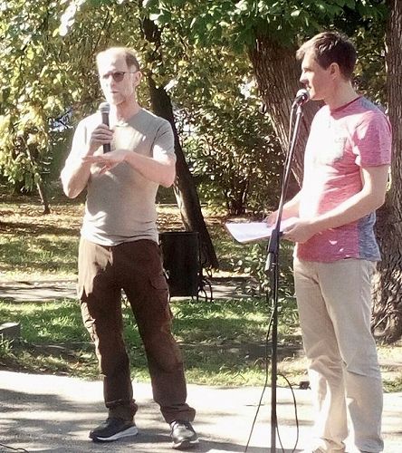 David Howard reading at Karamzinsky Square with poet and translator Sergei Gogin as part of the City Day celebrations, which were organised by the Centralized Library System.