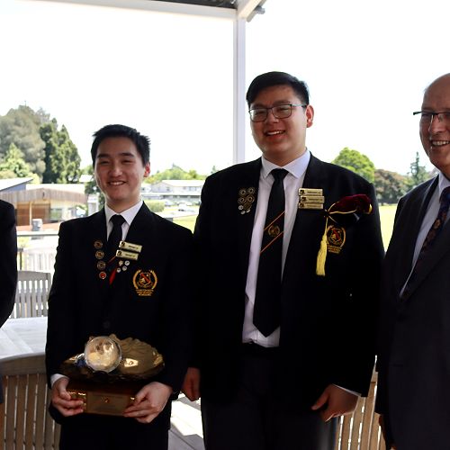 Teacher in Charge of Chess, Mr Graham Nolan, with (from left): Jacob Porter, Michael Lin, and Nathanael Loy
