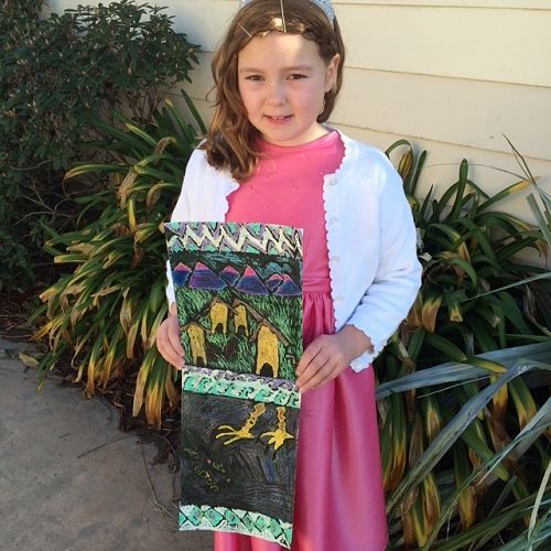 Evelyn and her crayon batik panel.