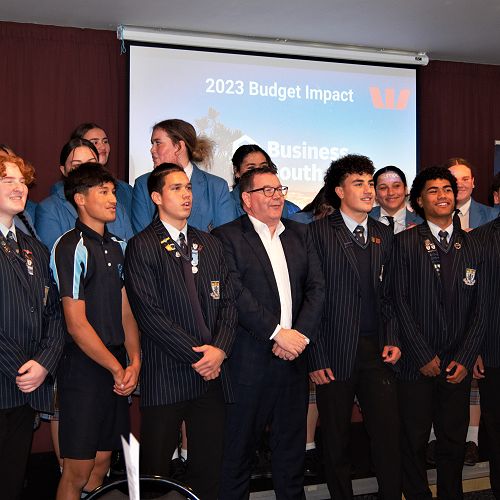 King's former Head Boy the Minister of Finance Grant Robertson pictured here with He Waka Kotuia members on Thursday at the Edgar Centre