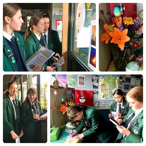 Easter quiz (students looking at the information on the windows)