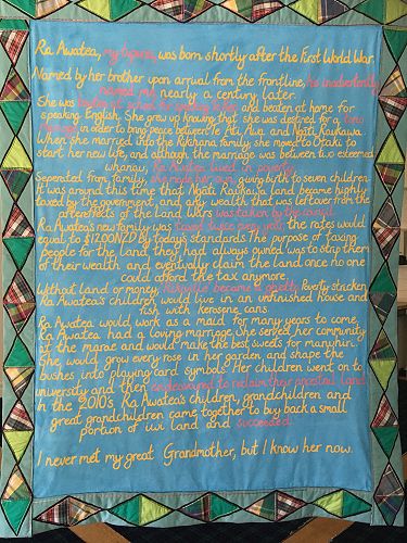 Loss Legacy, Te Ra Awatea Kemp (2021). Acrylic paint on textiles, 150 x 250 cm. Photograph