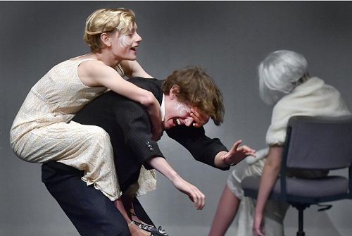 L-R: Year 10 Gregor Watts (left), as Helena, and Year 12 Harvey Rawlings, as Demetrius