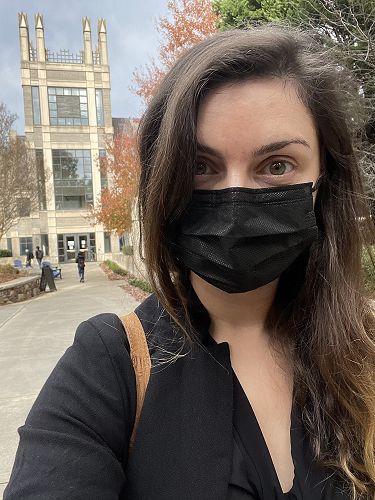 Scarlett Hawkins, Selfie in front of the Sanford School of Public Policy, Duke University
