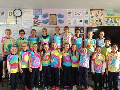 Year 6 technologists with their tie-dye shirts