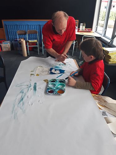 Making pennants for Holy Trinity Church (with Manu Berry)