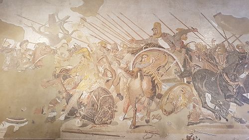 Alexander mosaic. Archeological Museum, Naples. The mosaic depicts the battle between Alexander the Great and Darius III and is from the House of Faun, Pompei. 