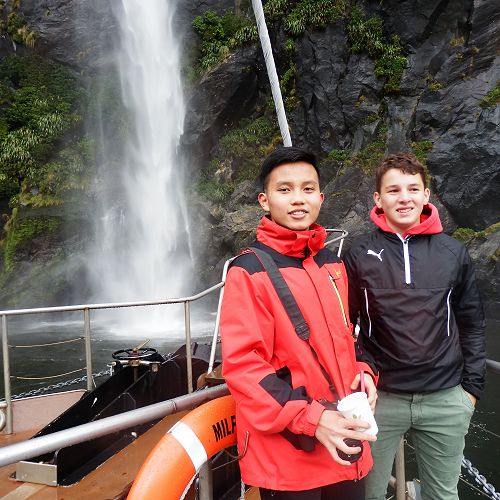Students Anh Ha and Juri Friedlaender enjoy a trip to Milford Sound