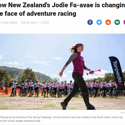 Jodie Fa'avae at the startline of the Spring Challenge - the all-women's race she created in the South Island, which has become the world's largest adventure race. (Stuff article 11 May 2022)