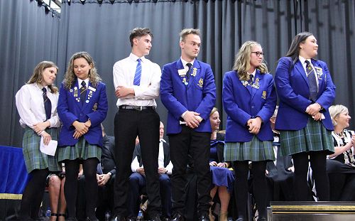 Prefects presentation; Hollie Giddens, Abby Russell, Rhys Baker, Lachie Welch, Caitlin Jenkins, Te Puawaiora Nepe Apatu.