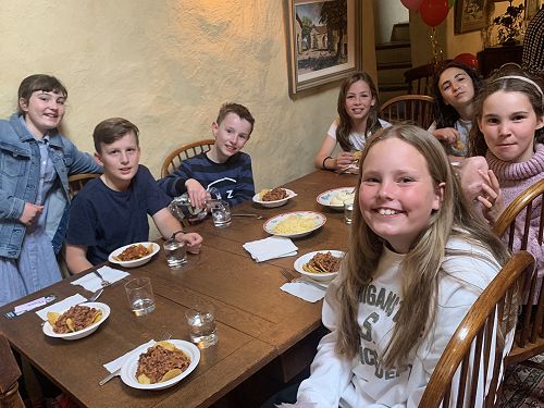 Sitting down for dinner.