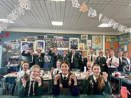 The year 9's with their finished pinecone ornaments