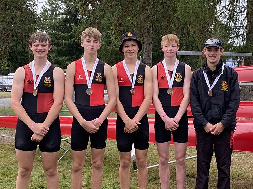 The bronze medal winning Novice Four. Ethan Styne, Will Leyland, Nik Wilson, Zach Brownlee, Oliver Duncan (cox)