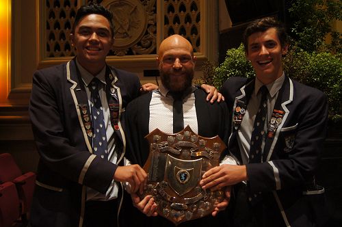 Stuart House win the shield. Matt Monga (left) and Zach Mason with Mr Simmons