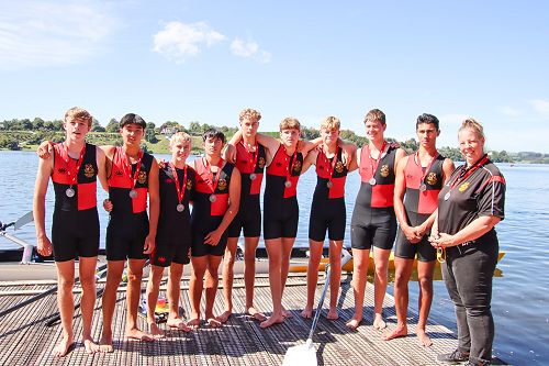 Our silver medal winning Under 15 Octuple with coach Mrs Robin Clarke