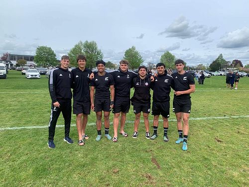 Our New Zealand Rugby representatives. From left: Brodie Robinson, Tama Hodgson, Aki Tuivailala, William Martin, Raharuhi Palmer, Caelys-Paul Putoko, and Payton Spencer.