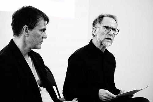 David Howard presents his Russian project, 'The Church That Is Not There', with the poet and translator Sergei Gogin at the opening of Literary Hall.

 (Photo by Dimitry Potapov)