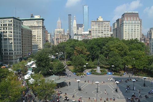 Union Square with a view of the Green Market and the Empire State Building