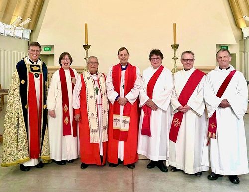 L-R: Acting-Dean of Christchurch Rev'd Bosco Peters; Rev'd Jenny Wilkens, Diocesan Director of Ordination; Bishop Richard; Bishop Peter; Rev'd Gabrielle Anderson; Rev'd Dr Andrew Butcher; Rev'd Simon Green, at the ordination service, July 2023