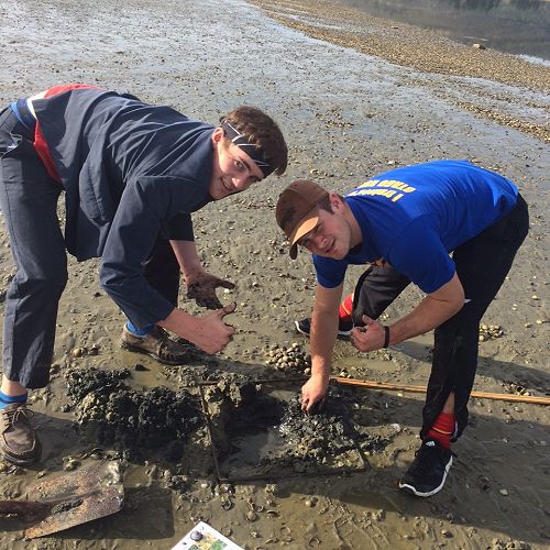 Morgan and Hunter analysing the contents of a quadrat