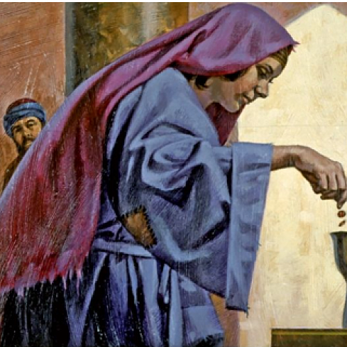 Ko e foaki ‘a e fefine uitou. The widow giving.