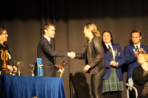Tobin Cup - Best Individual Contribution awardee Abby Russell, receiving her cup from Judge Sam Ewen.