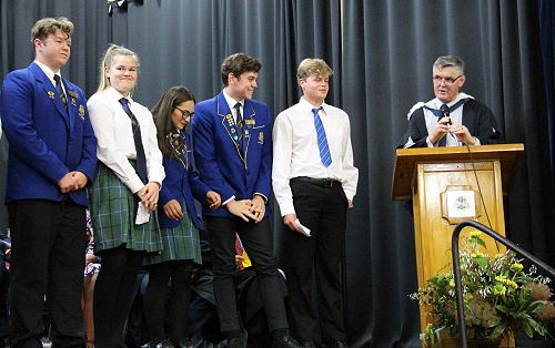 Prefects presentation from left; Zane Berge, 2020 Head Girl Joanna Hoogenboom, 2019 Head Girl Anna Douglas, 2019 Head Boy Matthew Jensen, 2020 Head Boy Toby Ward.