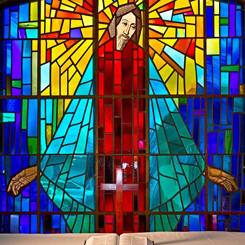 The stained glass window in the chapel at the Hawkes Bay Fallen Soldier Hospital. Called Christ the Healer, was  designed in 1964 by Geoffrey F Fuller of Havelock North.