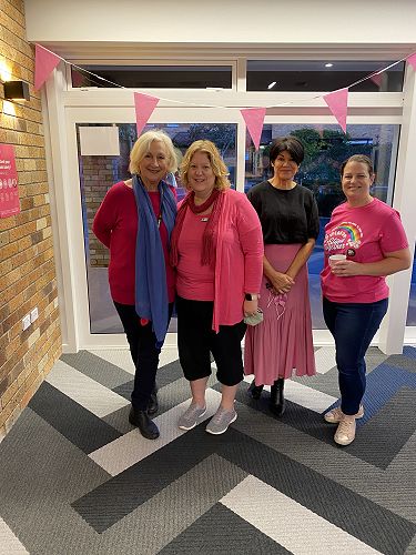 Betty Harrison, Maree Fox, Gwen Hurley and Louisa Thomson attend the Pink Ribbon Breakfast in Boarding.