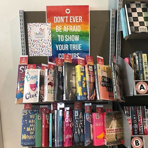 Out on the Shelves display for Pride month, put together by the school QSA group.