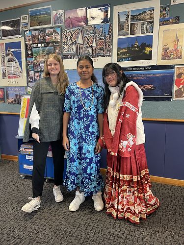Some students from Ms Gardiner's whanau class in cultural clothing.