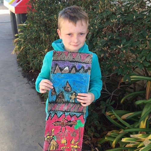Lucas and his crayon batik panel.