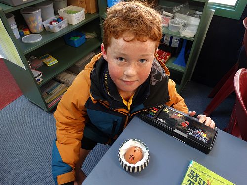 Marcus with his egg, Jim Bob
