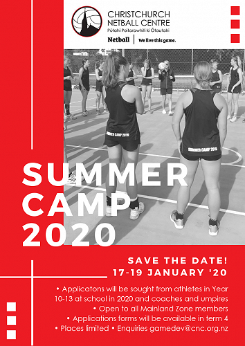 Netball Mainland 2020 Summer camp flyer