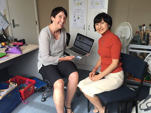 Dr Kyoko Mikami (right) visiting Japanese teacher Olivia Graham