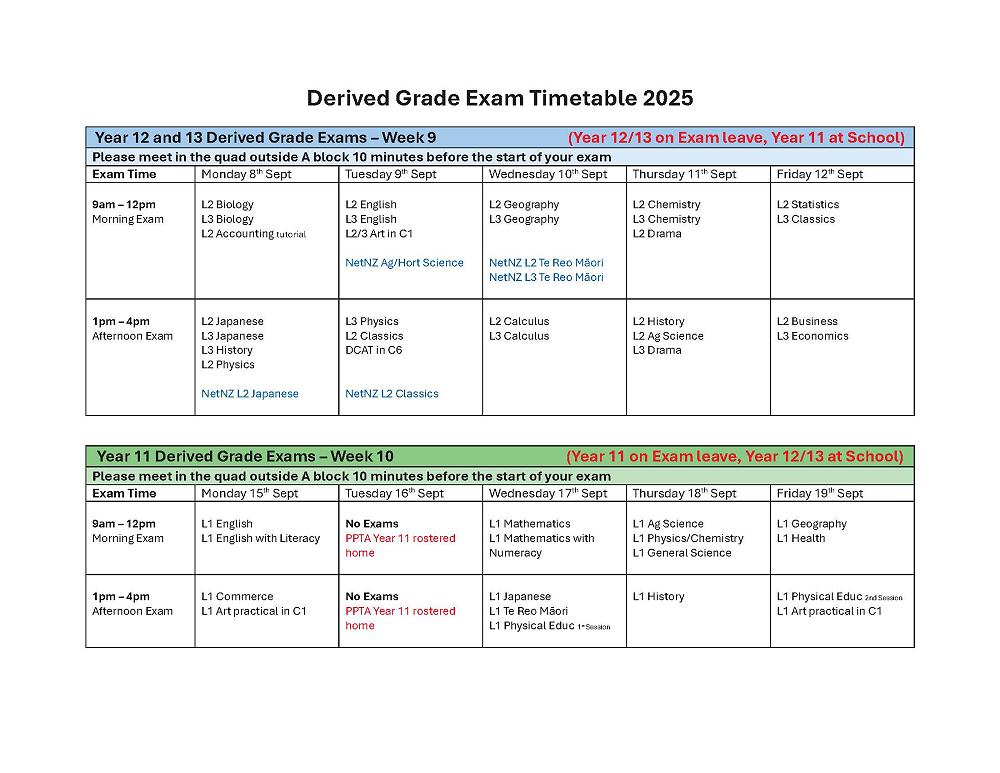 Derived Grade Exam Timetable — DHS Dispatch, 5 September 2025
