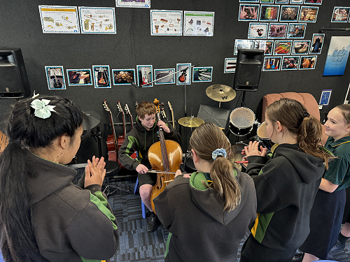8MK Students playing cello in Year 78 Music class