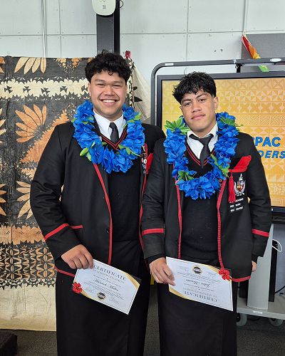 Heinrich Muller, left, and Julius Mumuta at the Pacific Student Leaders' breakfast.