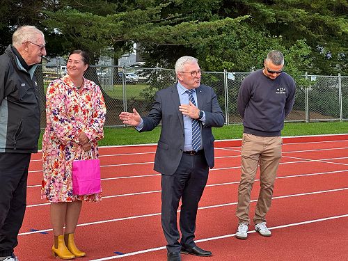 Papanui High School Principal Robert Gilbert declares the resurfaced track open. Credit: Papanui Toc H Athletic Club